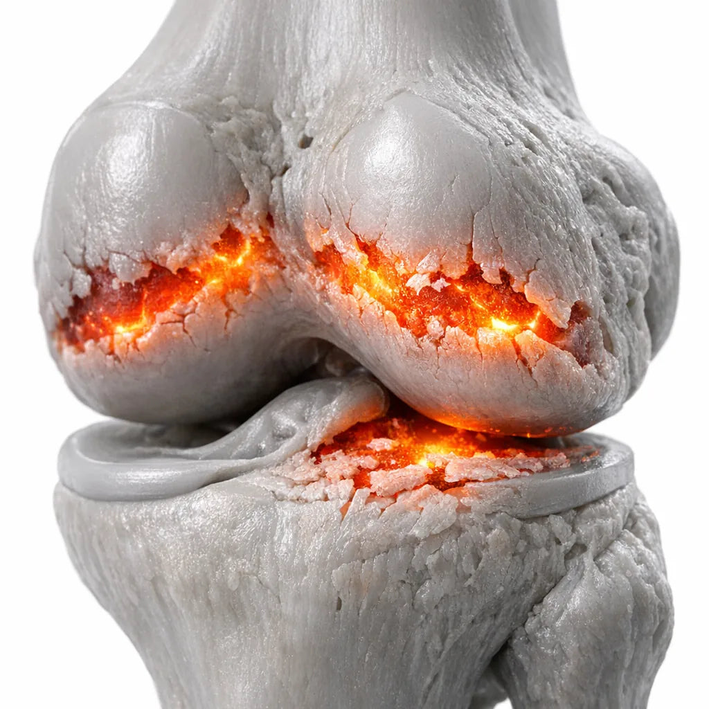 Anatomical cross-section of joint cartilage with red fracture lines exposing the collapsing extracellular matrix.